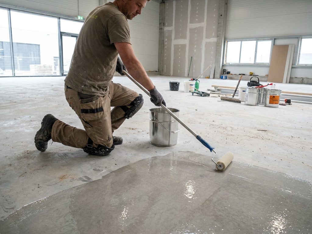 Installer applying a roller coat of epoxy resin on a prepared concrete floor
