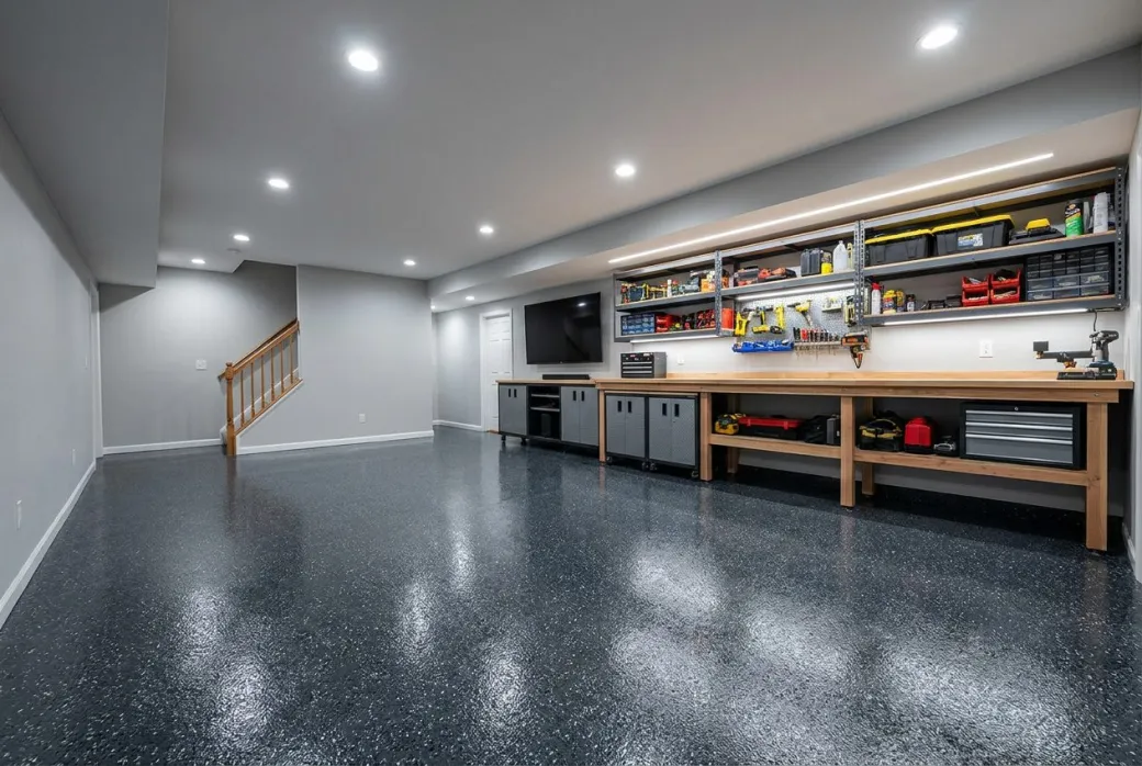Finished basement with a glossy seamless epoxy floor