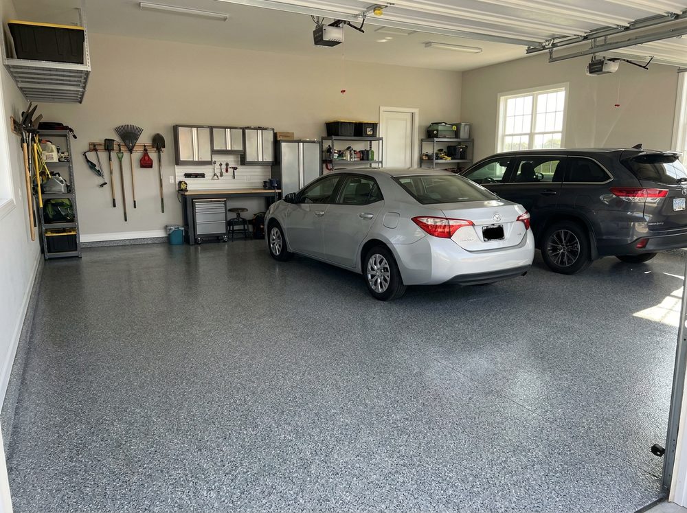 Residential garage with a gray flake epoxy floor coating