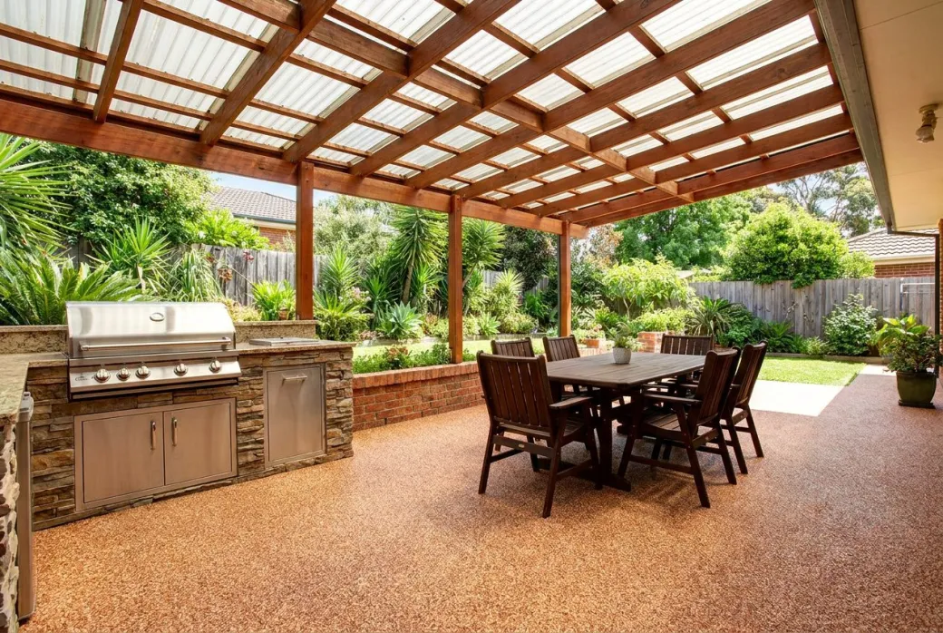 Backyard patio with a decorative flake epoxy coating