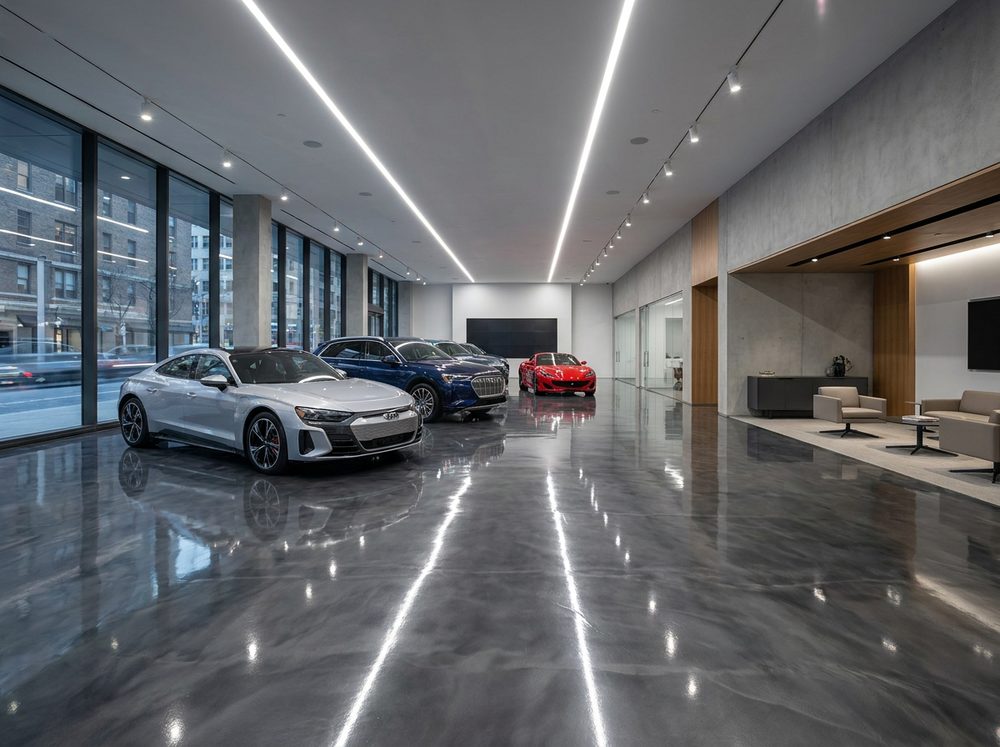 Car showroom with a glossy metallic epoxy floor